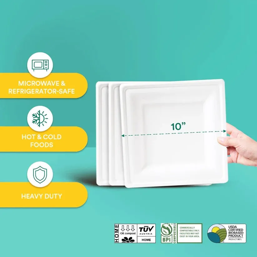 10" Compostable Pearl White Bagasse Square Plates - 100 Count