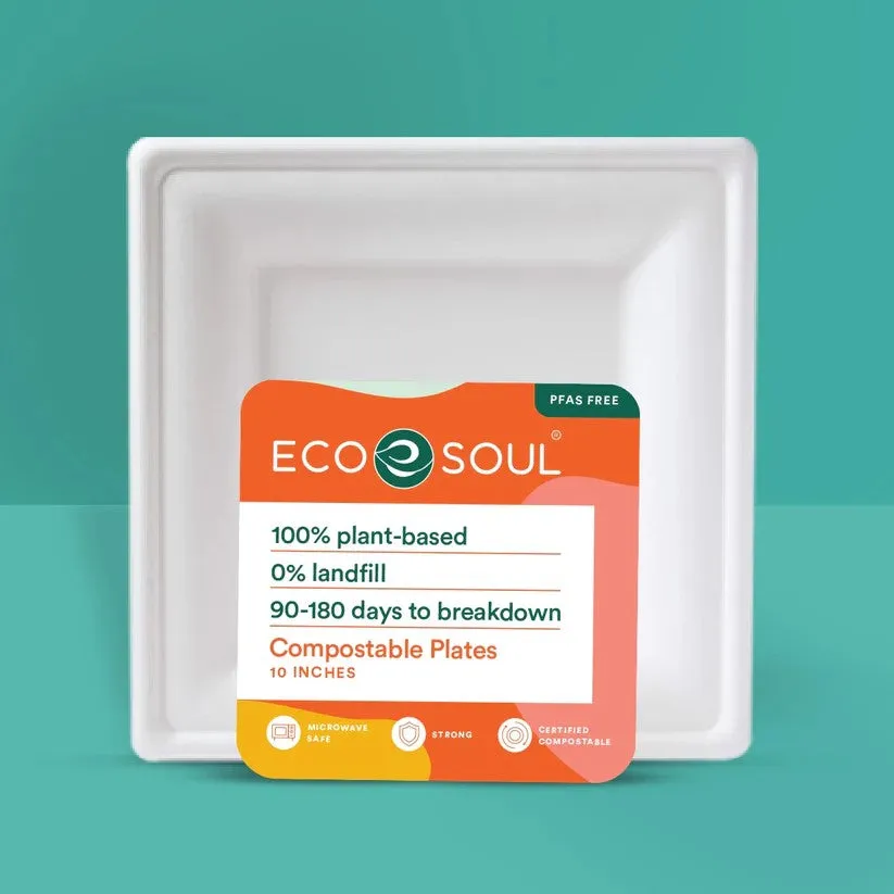 10" Compostable Pearl White Bagasse Square Plates - 100 Count