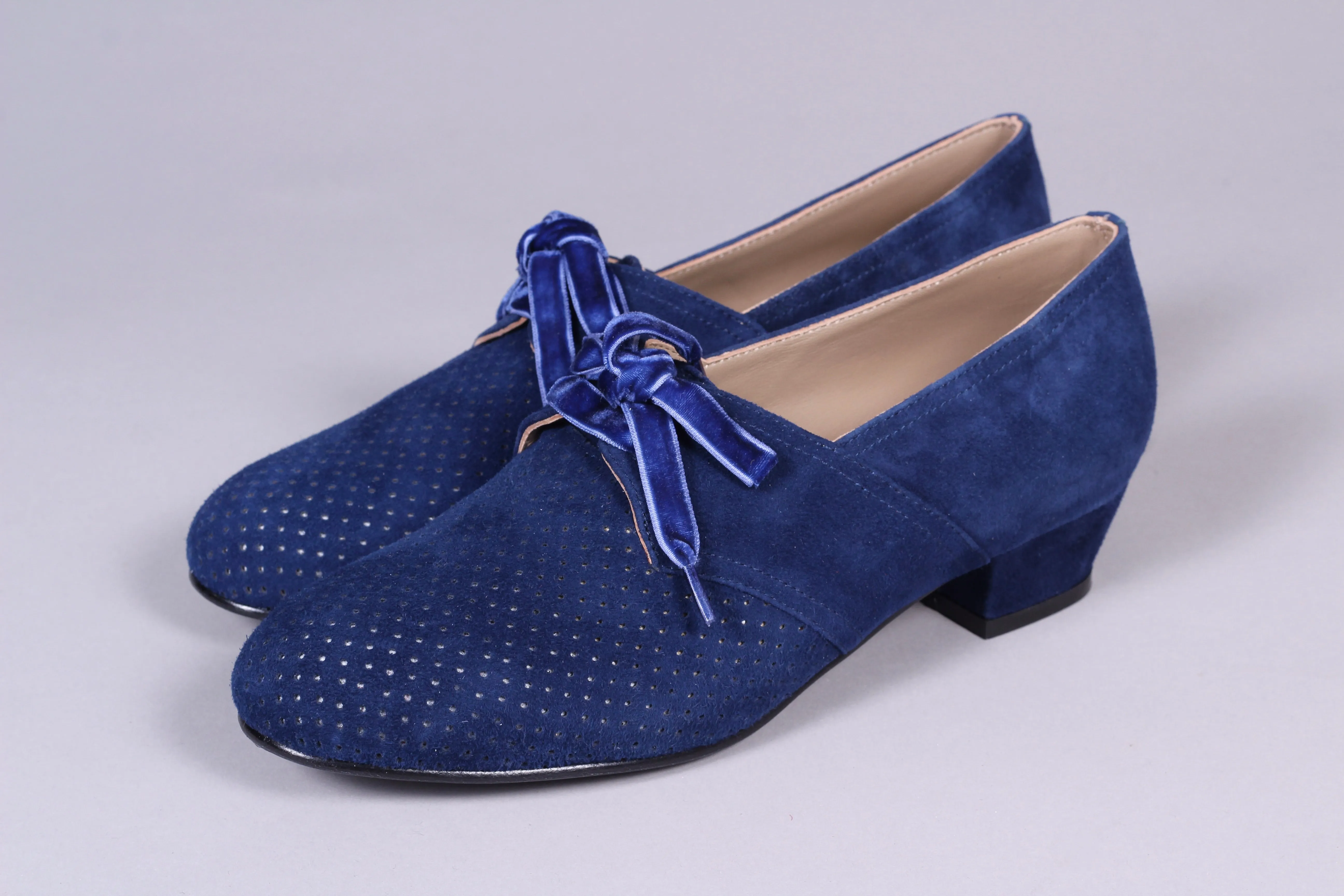 40s Derby shoes in suede - Low heel - Navy Blue - Esther