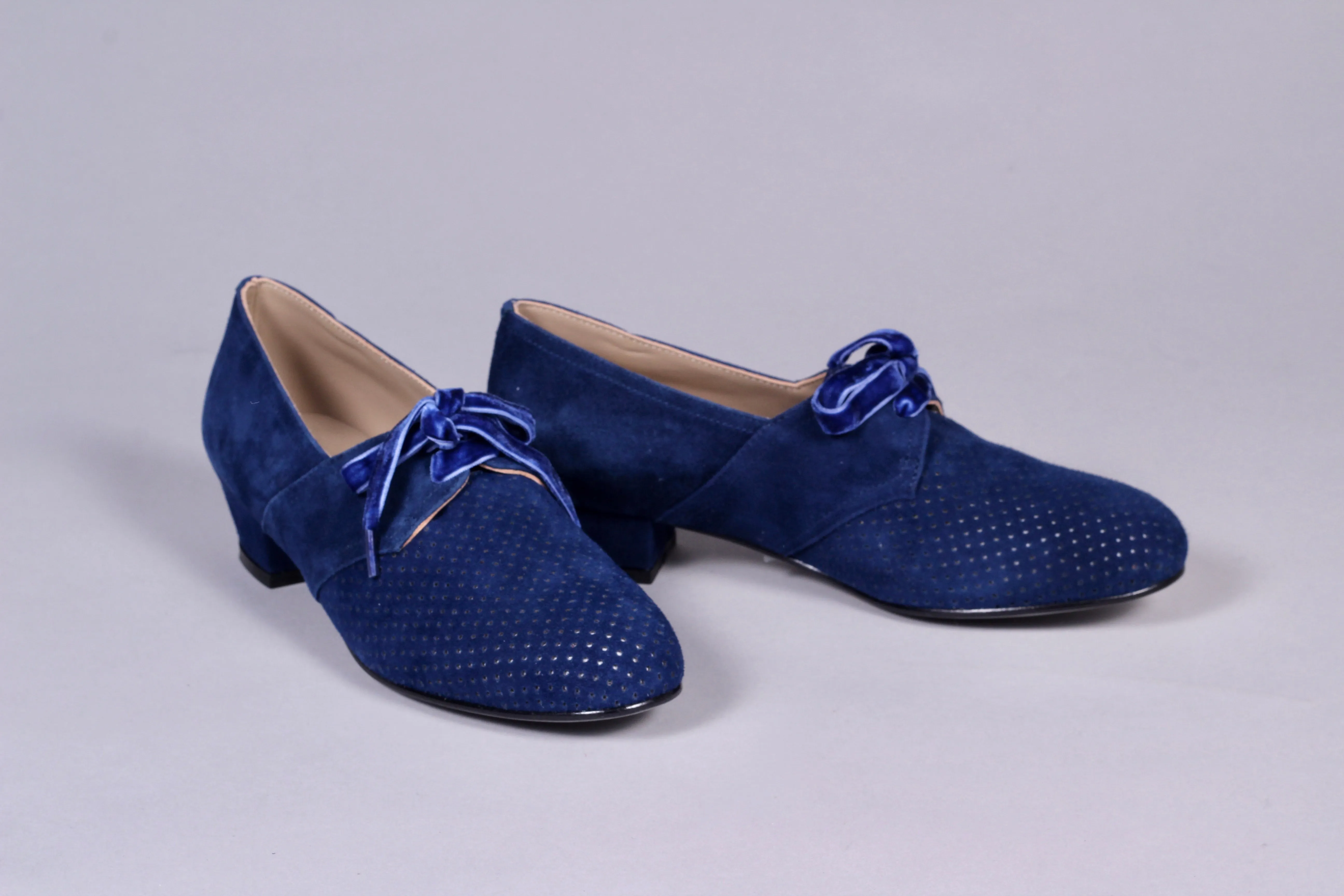 40s Derby shoes in suede - Low heel - Navy Blue - Esther