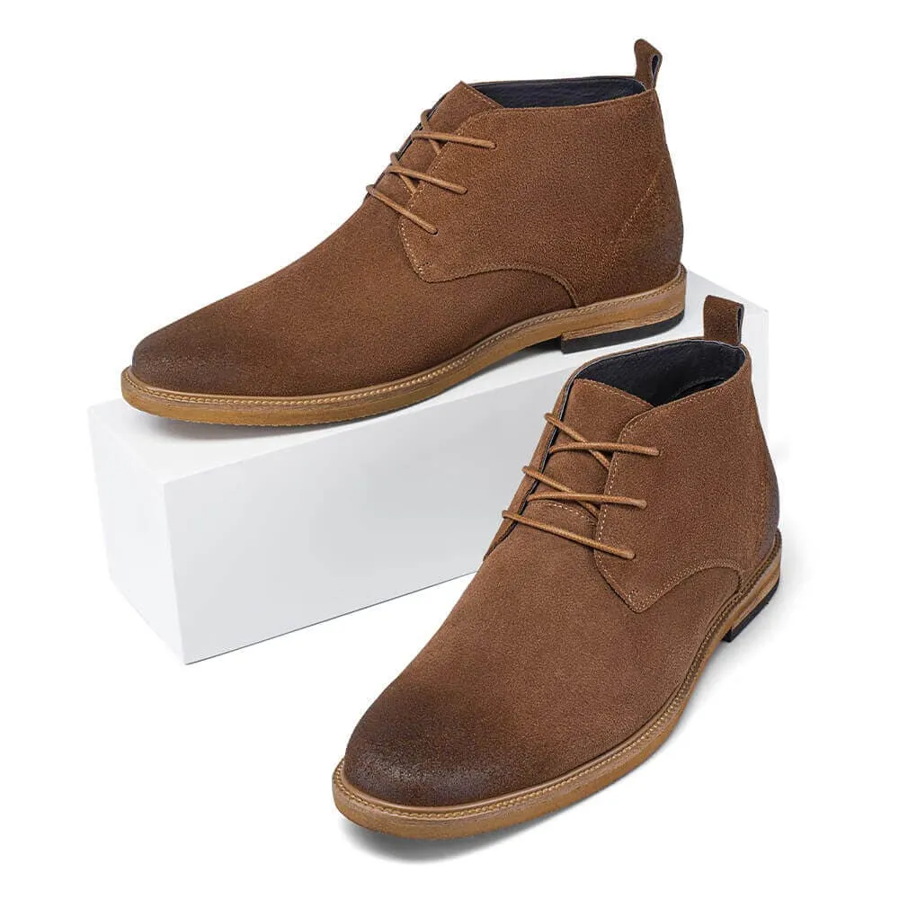 6 CM / 2.36 Inches - CMR CHAMARIPA Height Increasing Boots - Raised Heel Shoes - Brown Suede Leather Ankle Boots