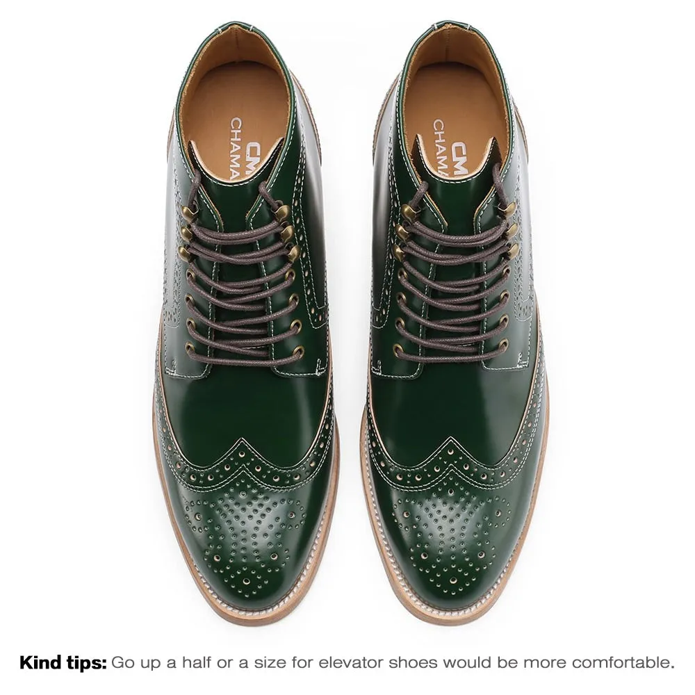 9CM / 3.54 Inches - CMR CHAMARIPA Shell Cordovan Height Increasing Shoes - Green Brogue Tall Men Boots - Men's Handmade Wing Tip Boots
