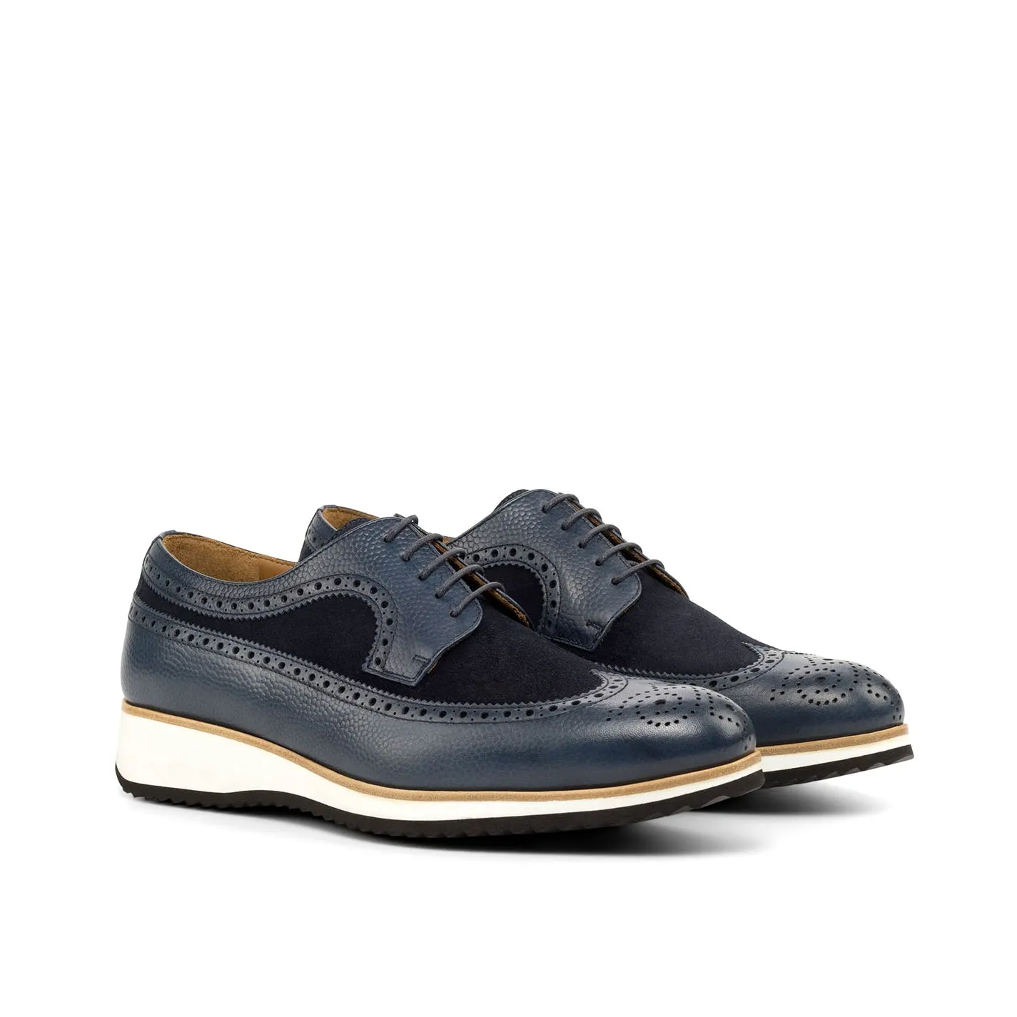 Ambrogio Bespoke Custom Men's Shoes Navy Suede / Pebble Grain Leather Wingtip Oxfords (AMB1911)