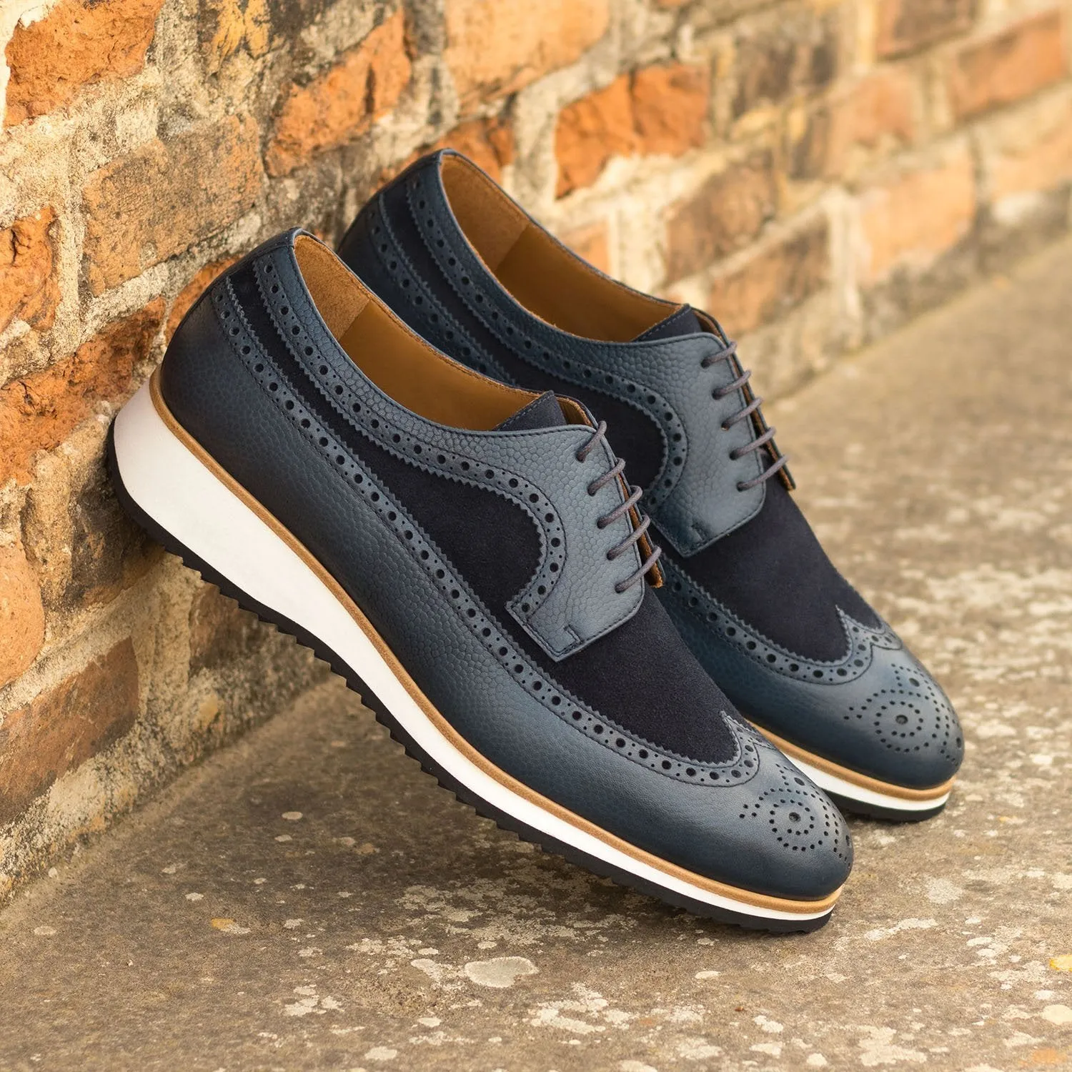 Ambrogio Bespoke Custom Men's Shoes Navy Suede / Pebble Grain Leather Wingtip Oxfords (AMB1911)