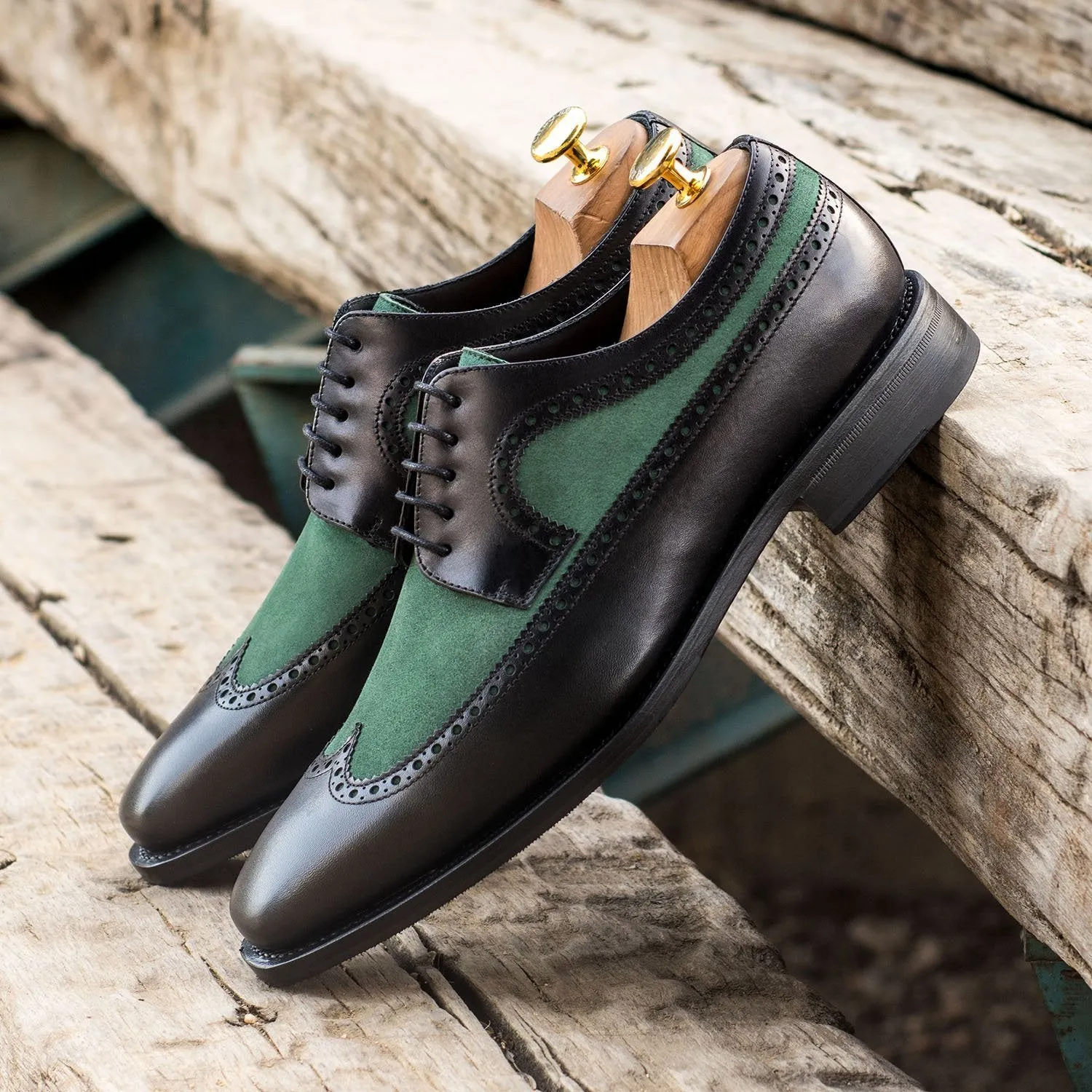 Ambrogio Bespoke Men's Handmade Custom Shoes Green & Black Suede / Calf-Skin Leather Longwing Oxfords (AMB1540)