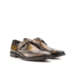 Ambrogio Bespoke Men's Shoes Brown & Camo Patina Leather Monk-Strap Loafers (AMB2378)