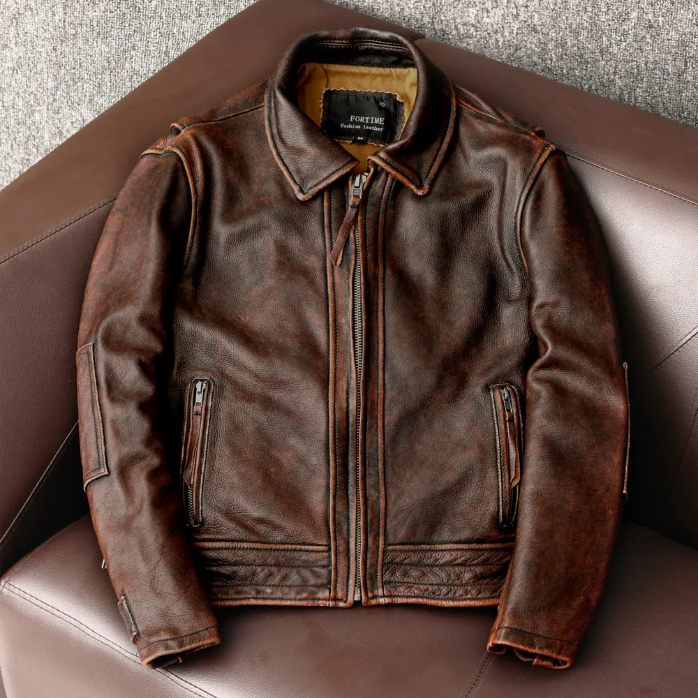 Amekaji Men's Genuine Cowhide Leather Jacket