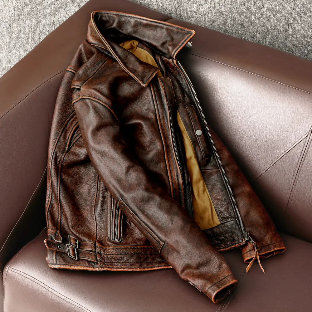 Amekaji Men's Genuine Cowhide Leather Jacket