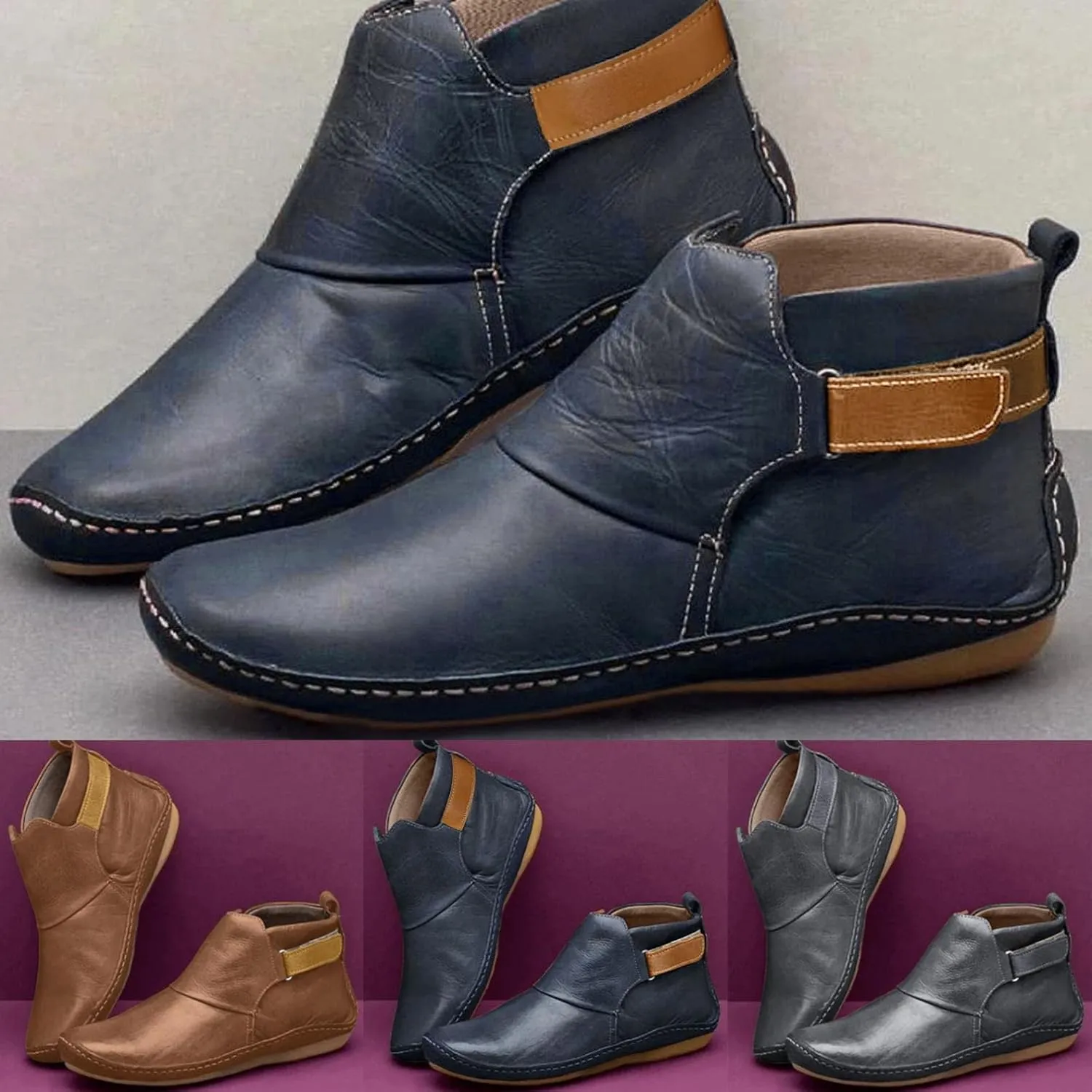 Ankle Boots for Women No Heel 2022 New Arch Support Boots Side Zipper Vintage Leather Damping Shoes Flat Booties