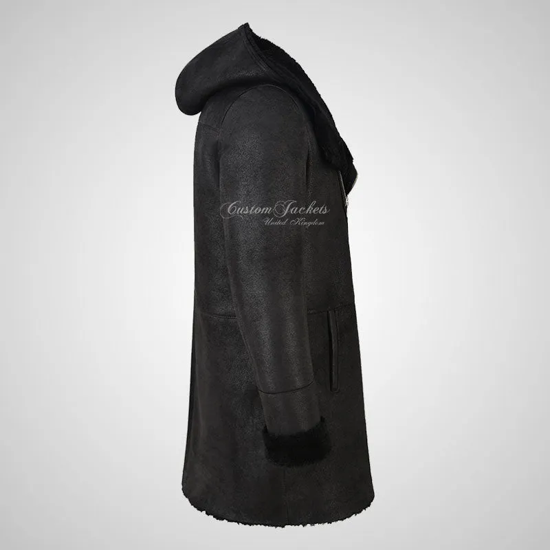 ANTONIO Men's Shearling Hooded Leather Coat Black Sheepskin Coat