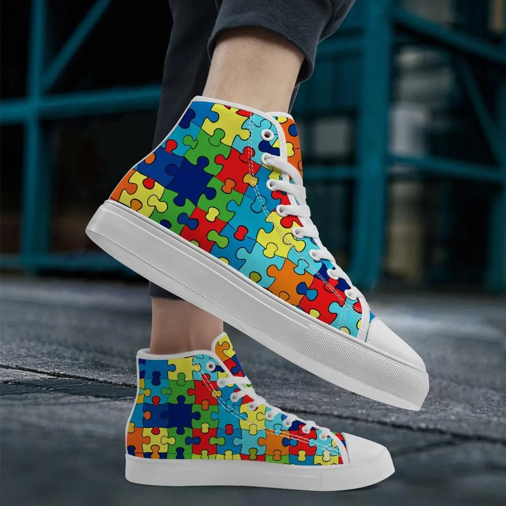 Autism Awareness High Top Shoes for Men Women Puzzle High Top Canvas Sneakers Casual Shoes Gifts for Dad Mom