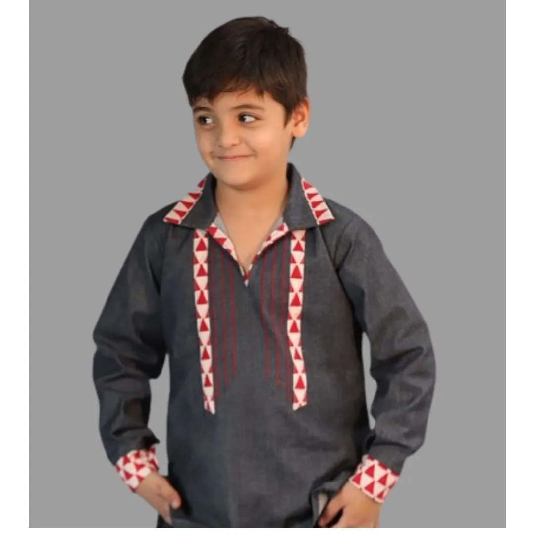 Basic Blue Cotton Laycra Denim Designer Full Shirt For Boys