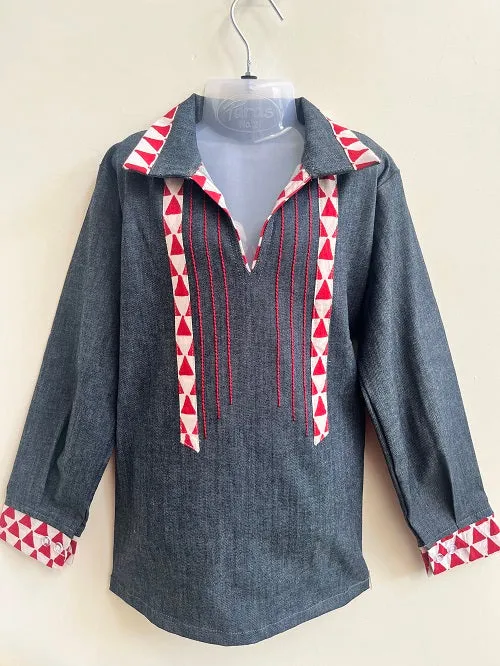 Basic Blue Cotton Laycra Denim Designer Full Shirt For Boys