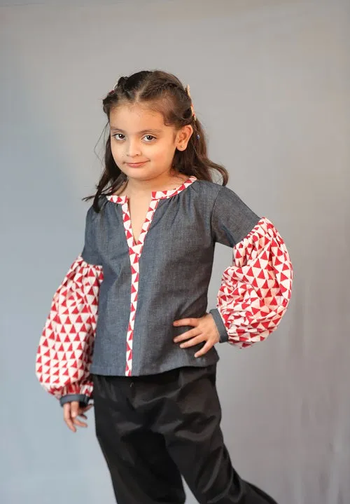 Basic Blue Laycra Denim Designer Full Sleeves Top For Girls