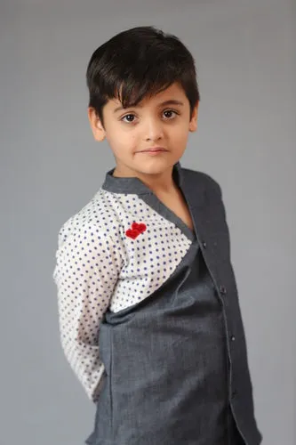 Basic Blue Laycra Denim Designer Polka Dot Full Sleeves Shirt with Heart Embroydri For Boys