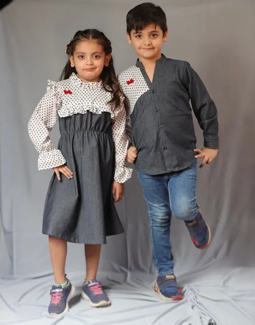 Basic Blue Laycra Denim Designer Polka Dot Full Sleeves Shirt with Heart Embroydri For Boys