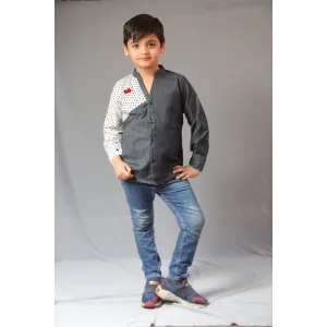 Basic Blue Laycra Denim Designer Polka Dot Full Sleeves Shirt with Heart Embroydri For Boys