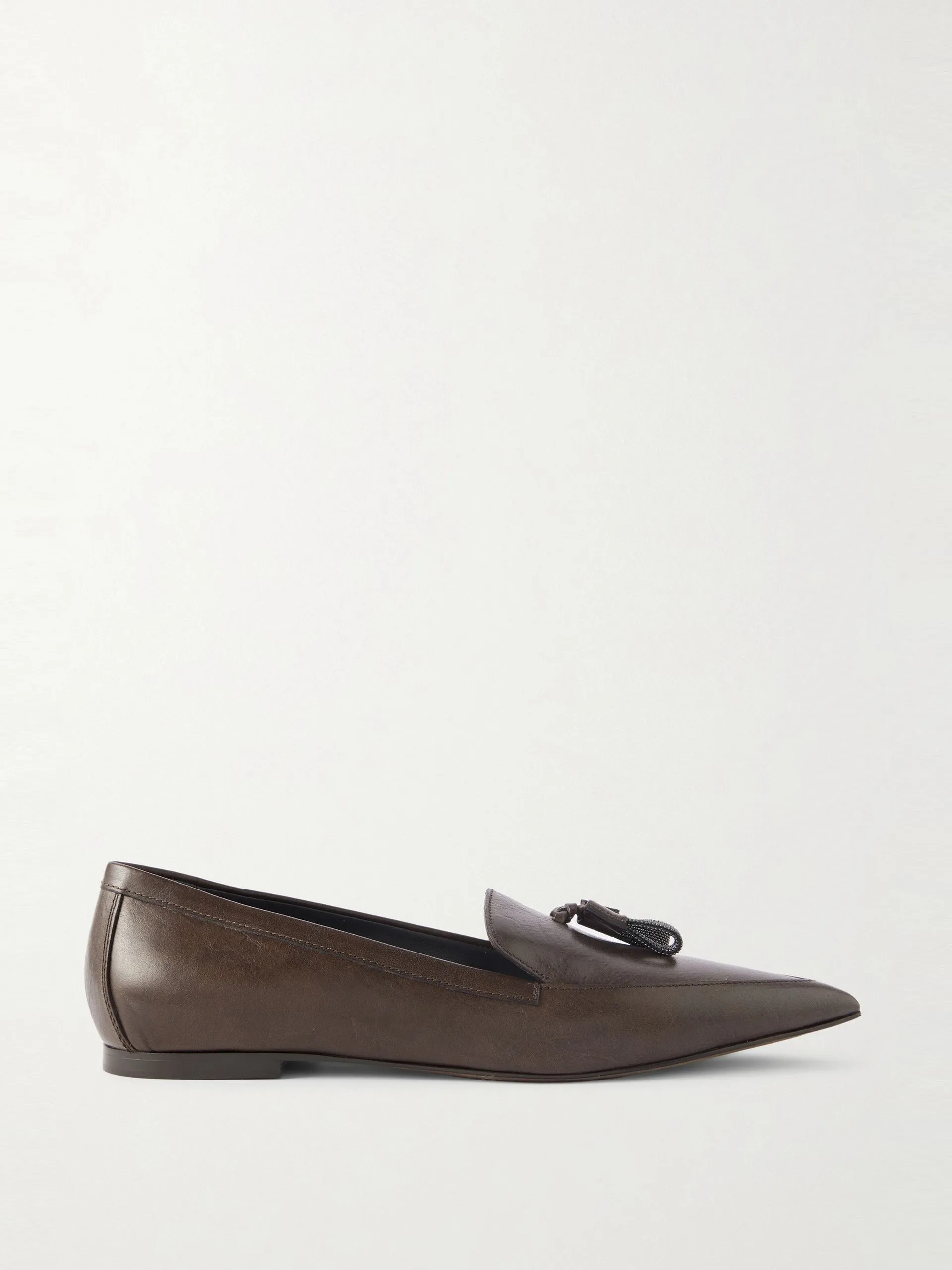 Bead-embellished tassled leather loafers
