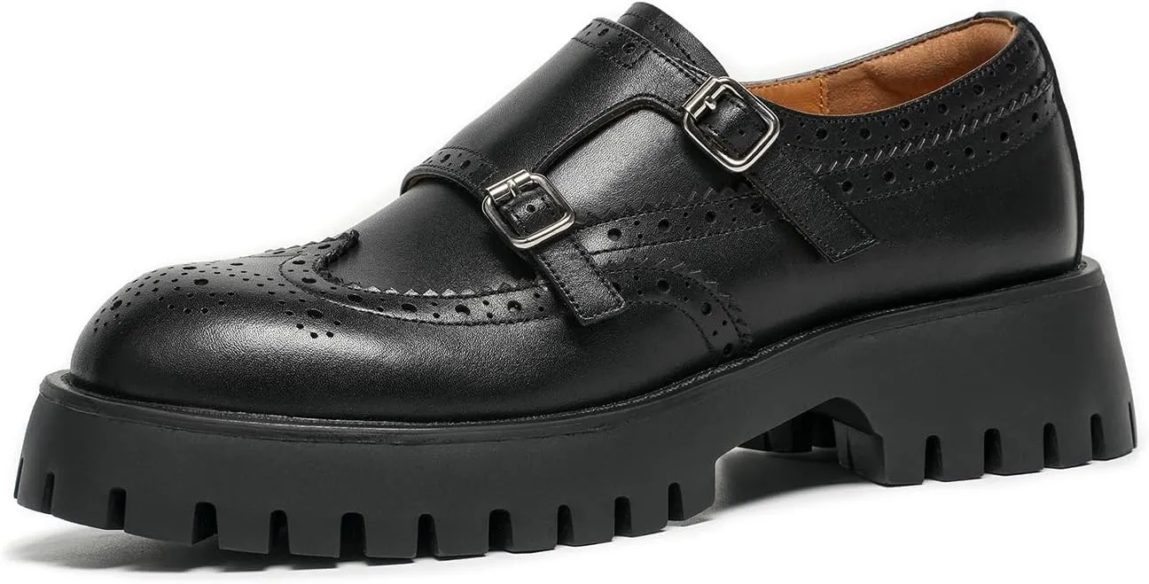 BEAU TODAY Chunky Loafers for Women, Womens Leather Platform Loafers, Lug Sole Tassel Slip On Loafers Shoes Brogues Wingtip Casual Business Shoes Comfortable Dressy