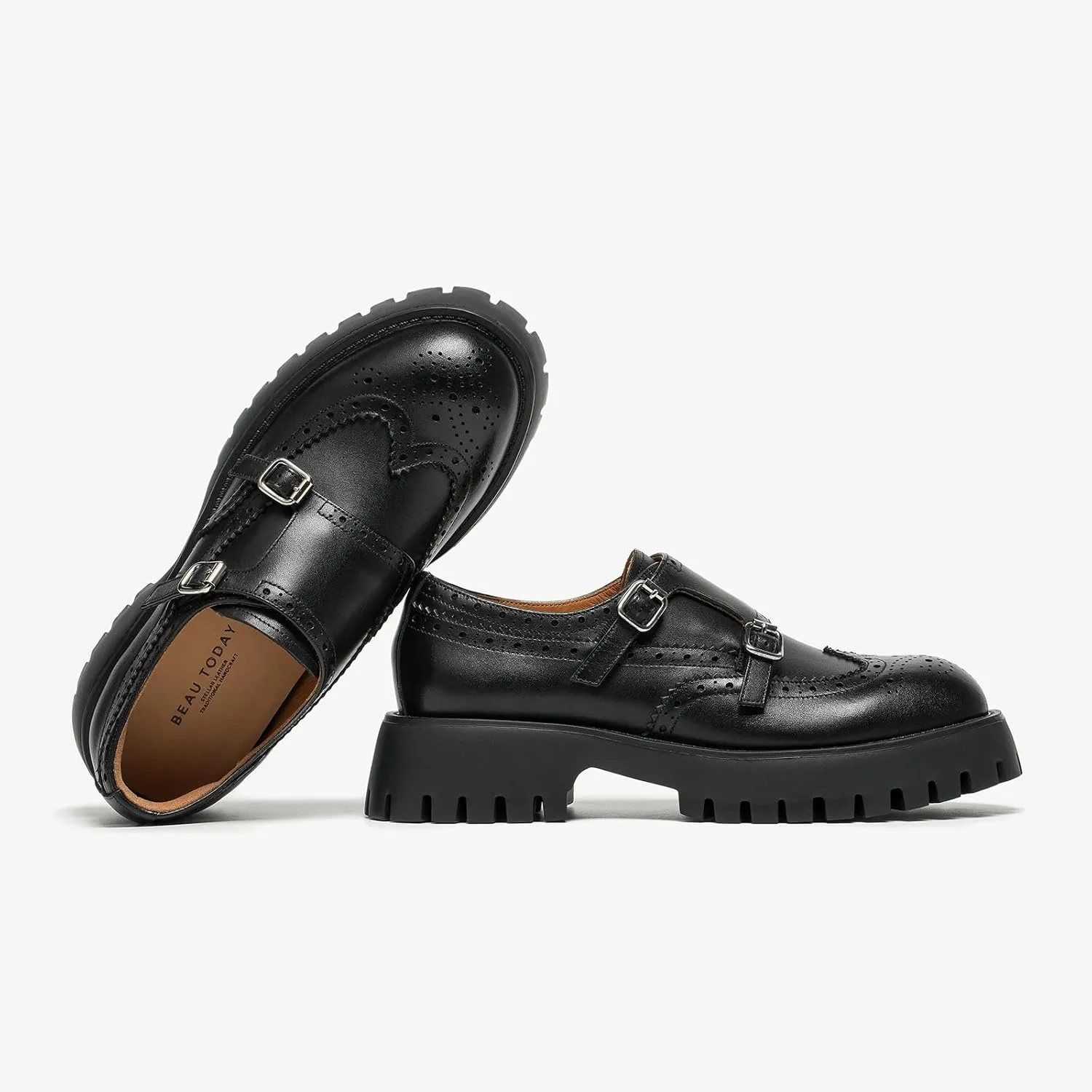 BEAU TODAY Chunky Loafers for Women, Womens Leather Platform Loafers, Lug Sole Tassel Slip On Loafers Shoes Brogues Wingtip Casual Business Shoes Comfortable Dressy