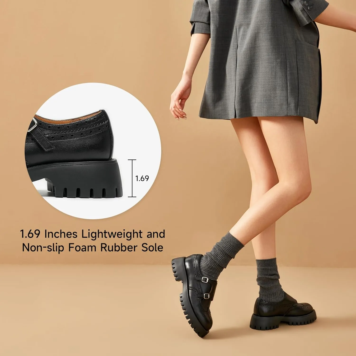 BEAU TODAY Chunky Loafers for Women, Womens Leather Platform Loafers, Lug Sole Tassel Slip On Loafers Shoes Brogues Wingtip Casual Business Shoes Comfortable Dressy