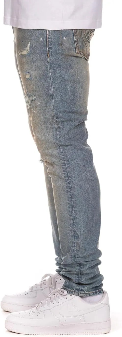 Billionaire Boys Club Clothing Men Jeans Distressed Slim Fit Jeans - Light Wash Ripped Denim with Faded Accents