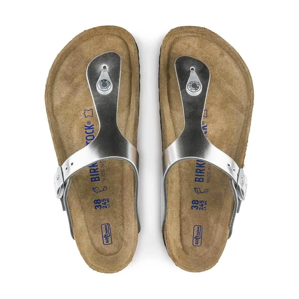 Birkenstock Gizeh Natural Leather Soft Footbed Sandals - Regular - Metallic Silver