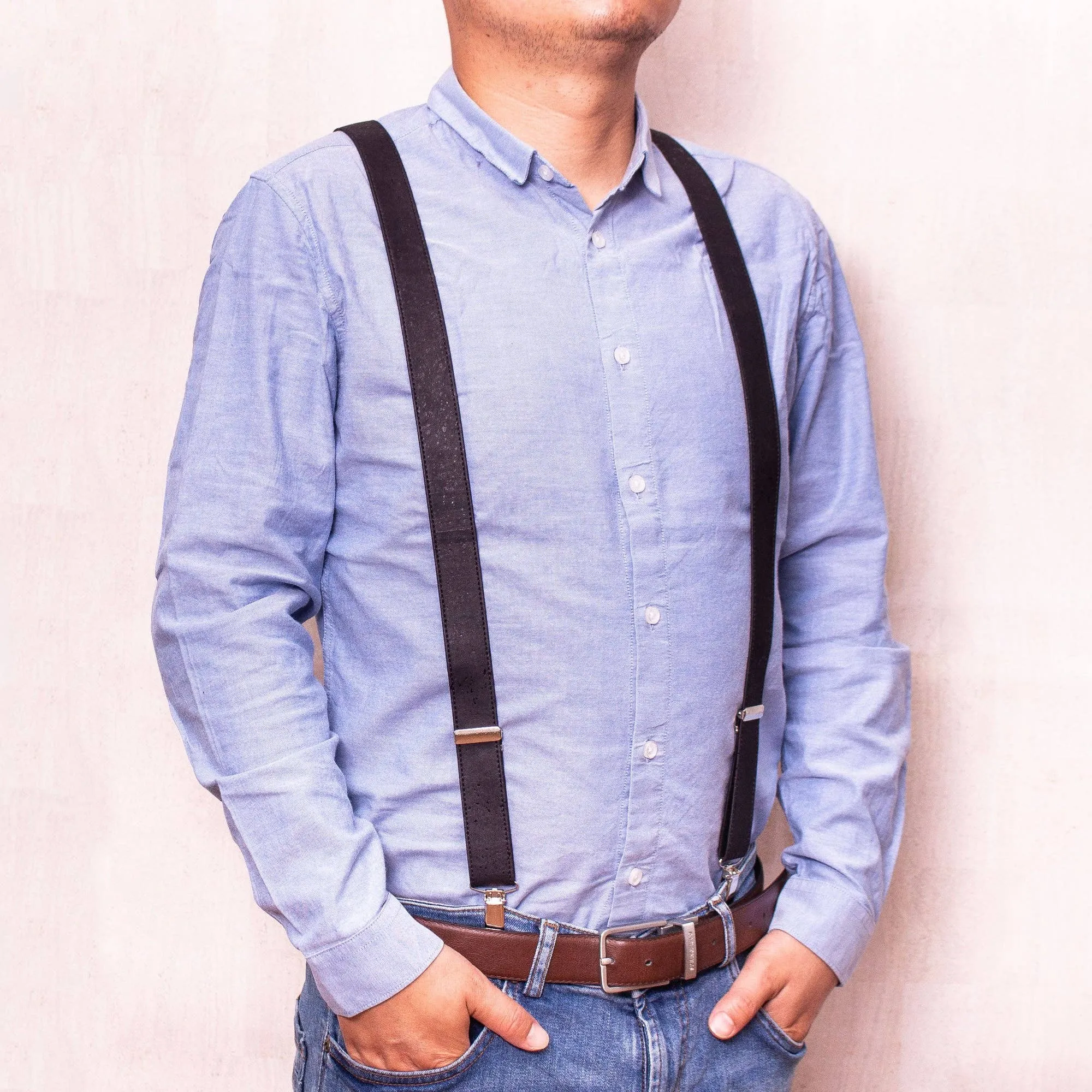 Black Adjustable Cork Suspenders - Men's Eco-Friendly Dress Accessory