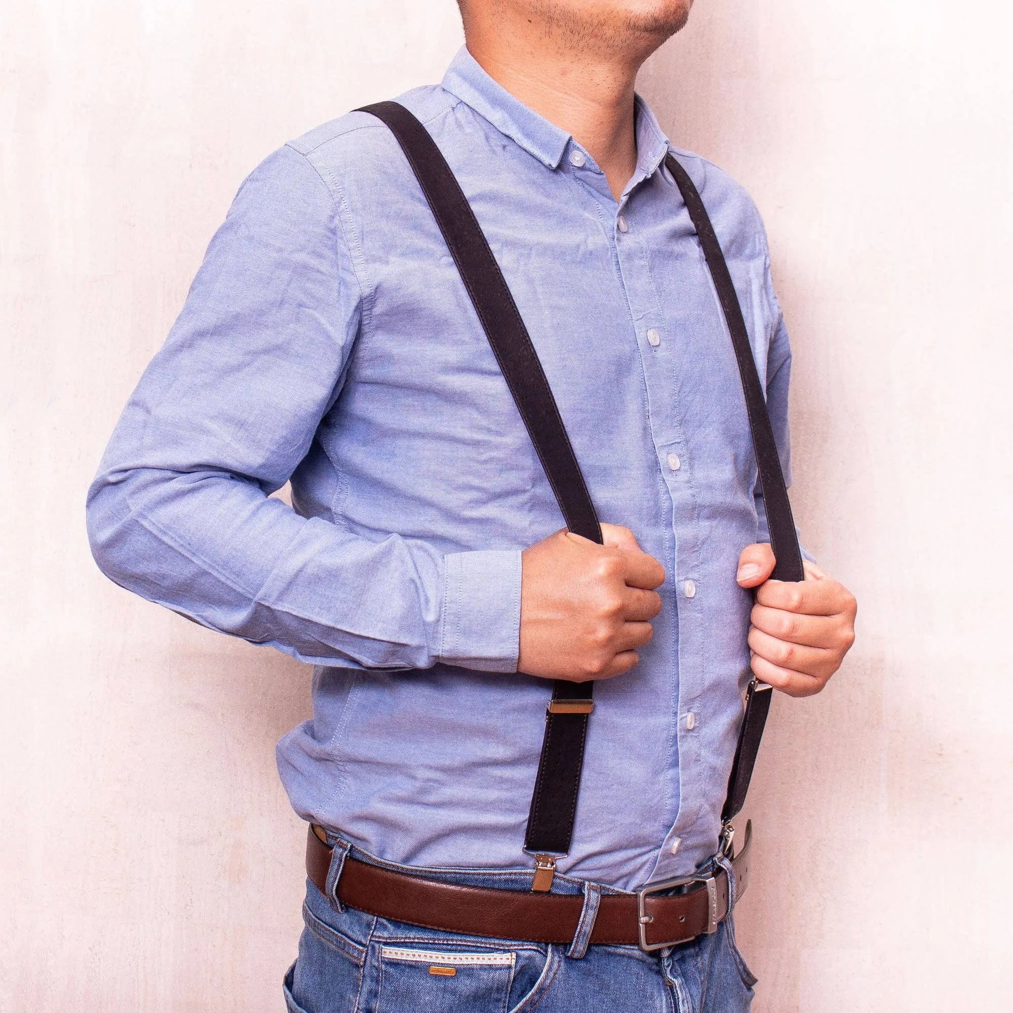 Black Adjustable Cork Suspenders - Men's Eco-Friendly Dress Accessory