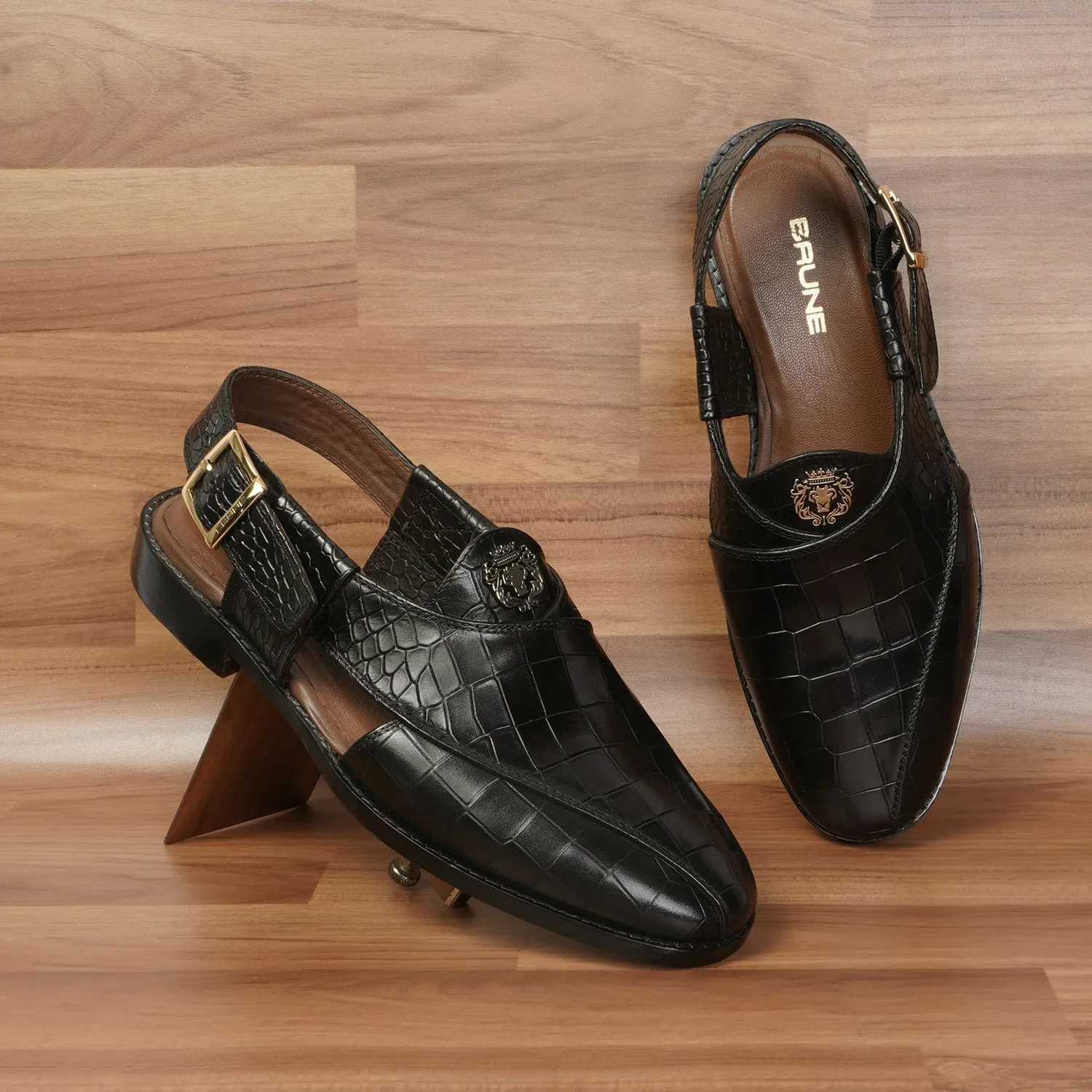 Black Crossed Design Peshawari Sandals Light Weight Deep Cut Croco Textured Leather