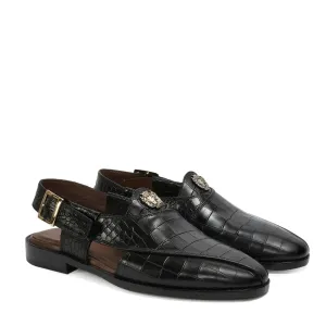 Black Crossed Design Peshawari Sandals Light Weight Deep Cut Croco Textured Leather