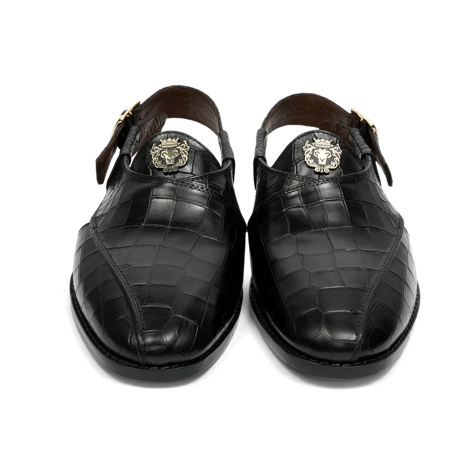 Black Crossed Design Peshawari Sandals Light Weight Deep Cut Croco Textured Leather