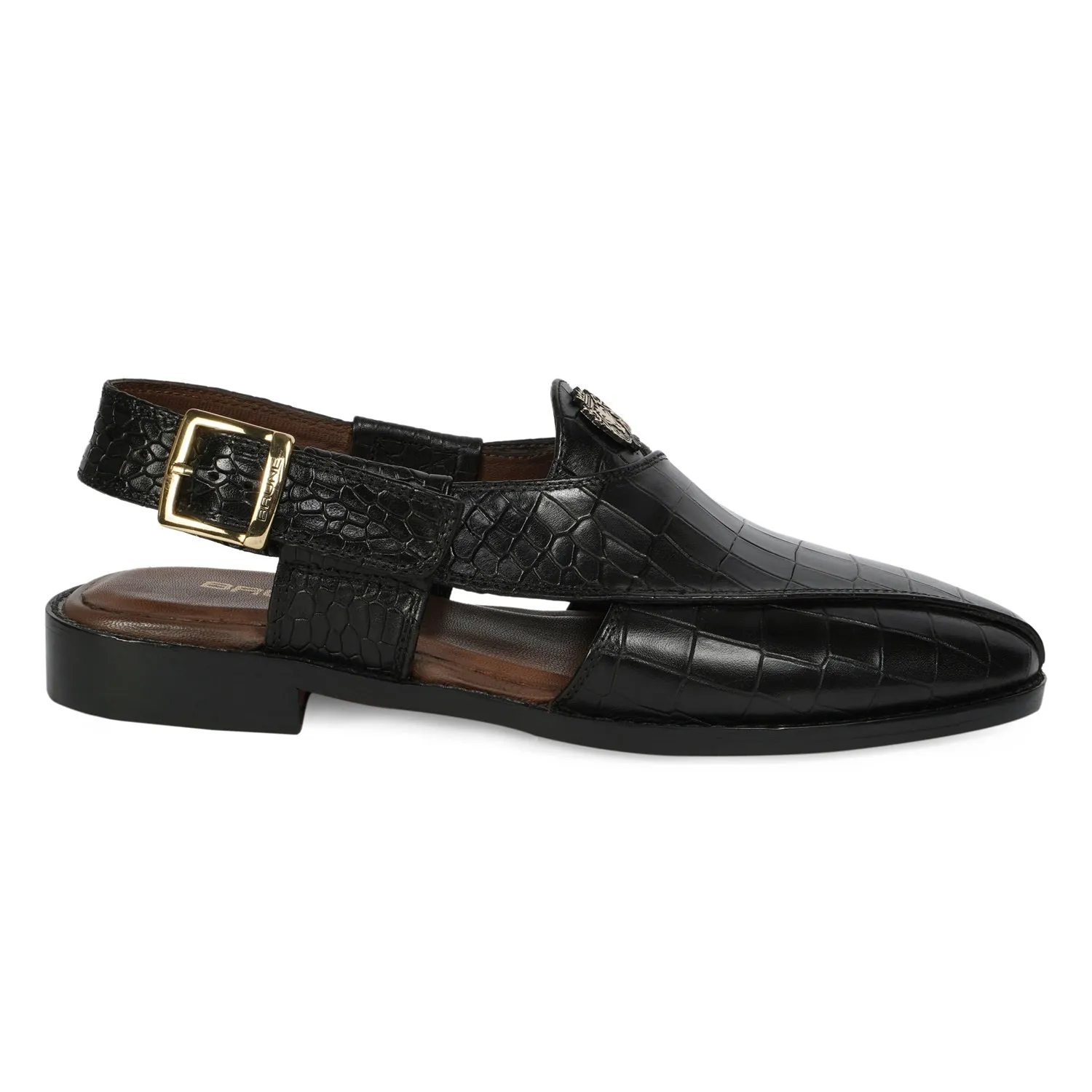 Black Crossed Design Peshawari Sandals Light Weight Deep Cut Croco Textured Leather