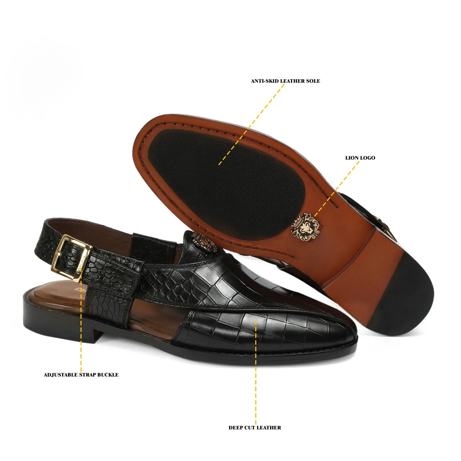 Black Crossed Design Peshawari Sandals Light Weight Deep Cut Croco Textured Leather