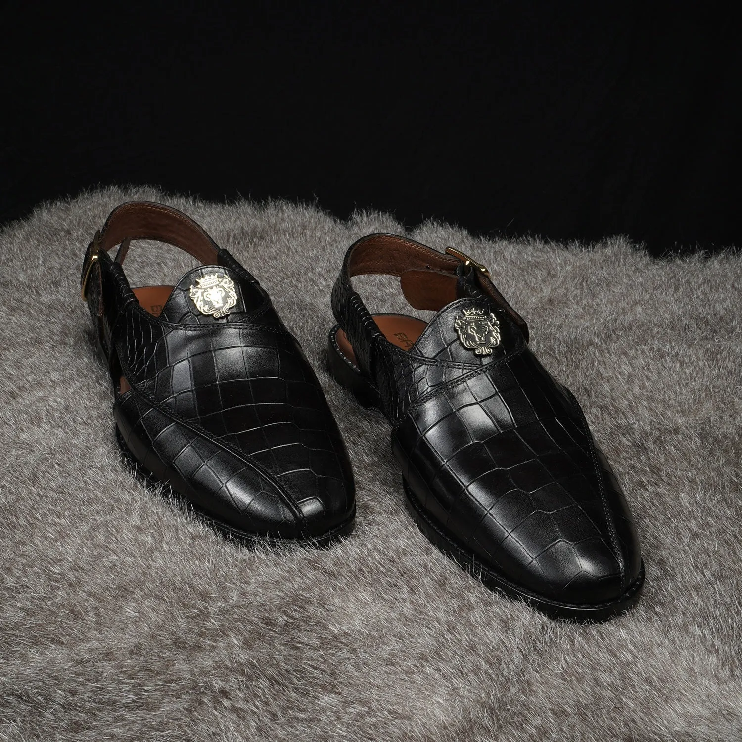Black Crossed Design Peshawari Sandals Light Weight Deep Cut Croco Textured Leather