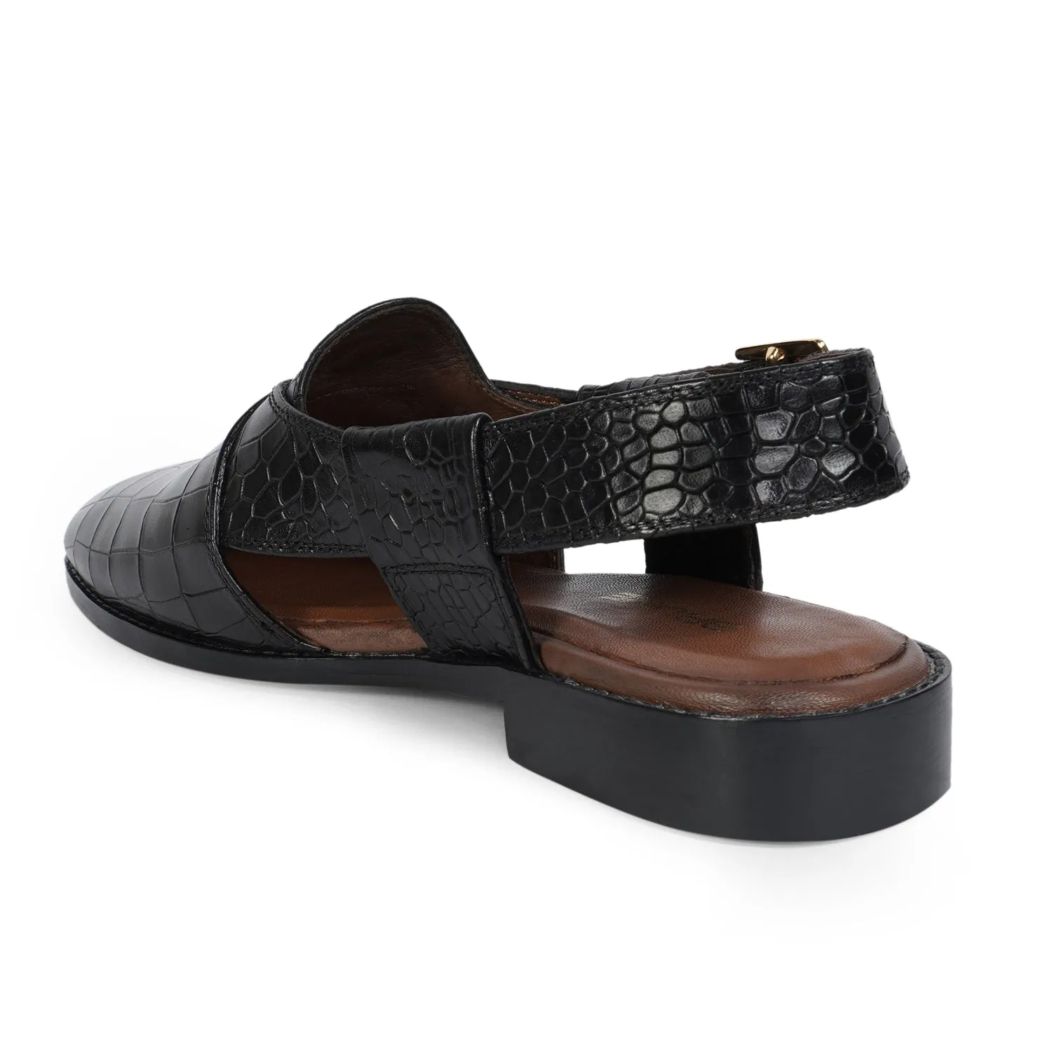 Black Crossed Design Peshawari Sandals Light Weight Deep Cut Croco Textured Leather