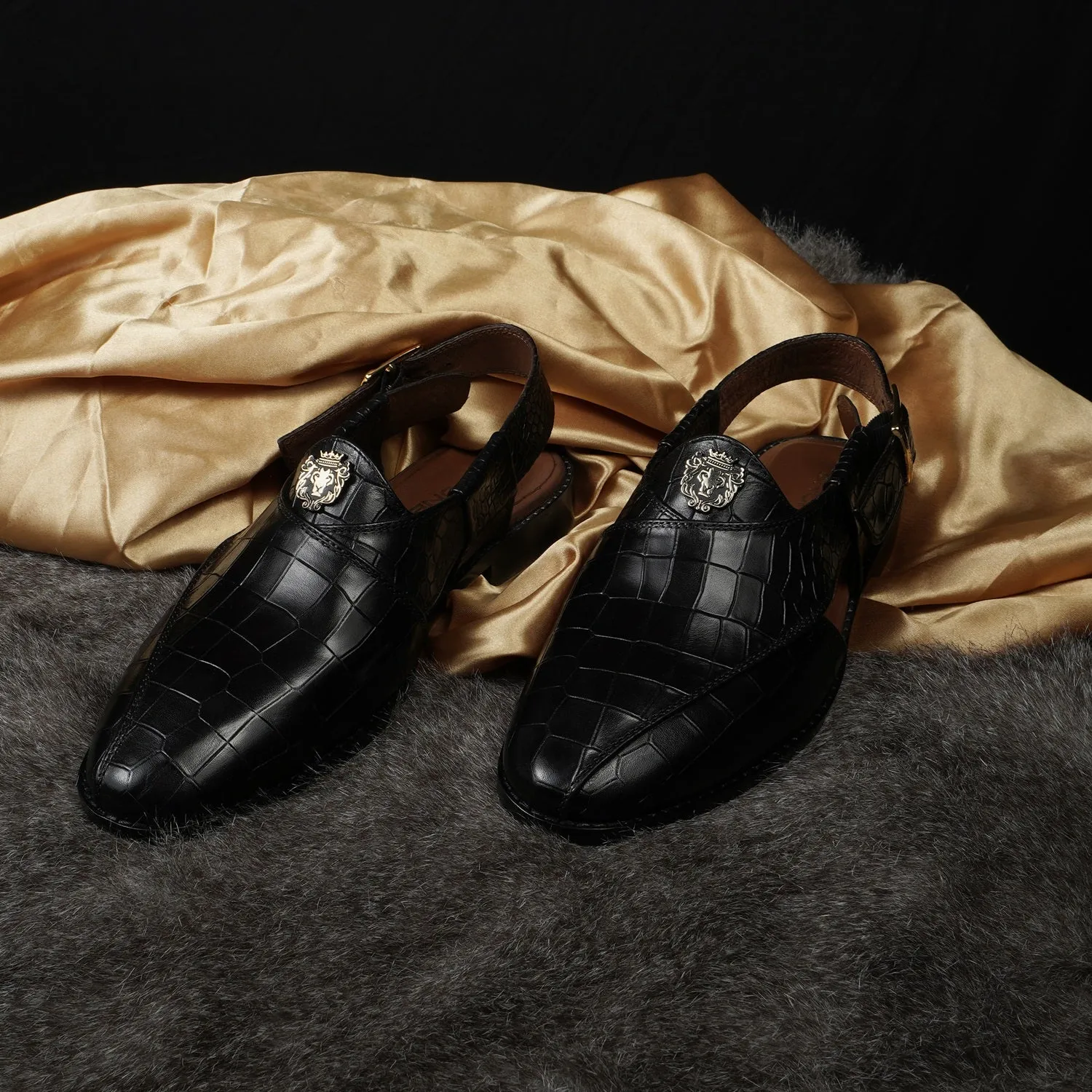 Black Crossed Design Peshawari Sandals Light Weight Deep Cut Croco Textured Leather