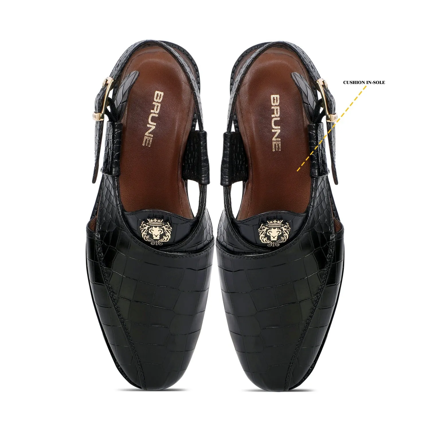 Black Crossed Design Peshawari Sandals Light Weight Deep Cut Croco Textured Leather
