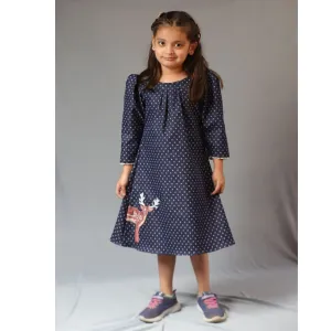 Blue Printed Laycra Denim Reindeer Embroydri Full Sleeve Dress For Girls