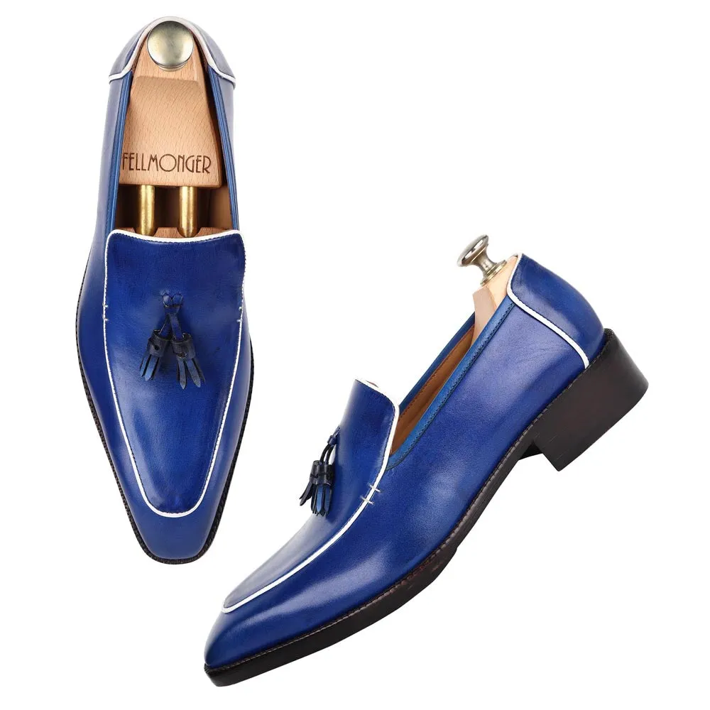 Blue Square Toe Mirror Glossed Tassel Loafers With White Piping Detail