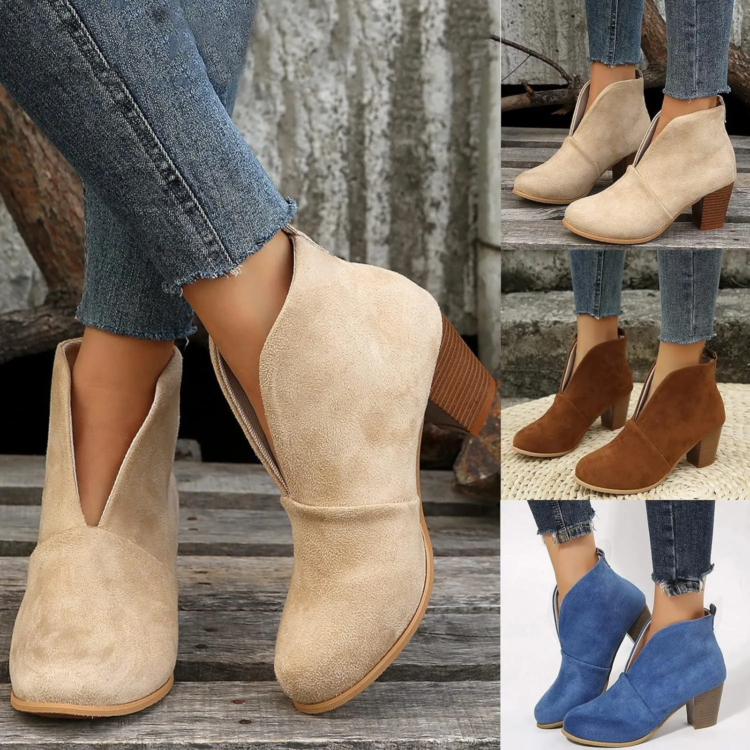 Booties for Women Platform Low Heel Ankle Boots Western Cowboy Pointed Toe Fashion Retro Classic Pull-On Ankle Boots