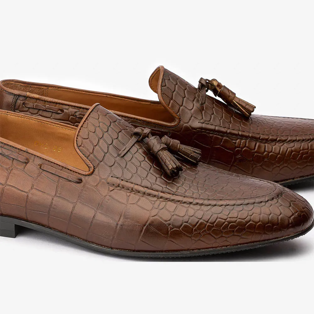 Brown Croco Penny Tassel Loafers