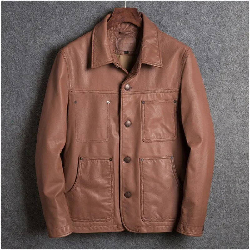 Casual Style Leather Jacket Men Single Breasted