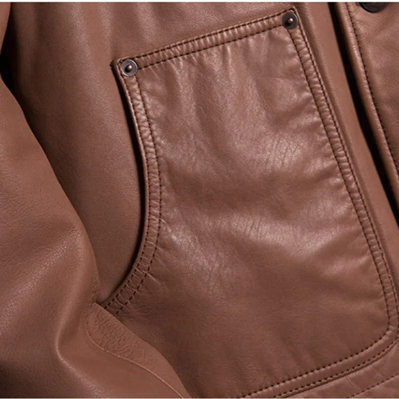 Casual Style Leather Jacket Men Single Breasted
