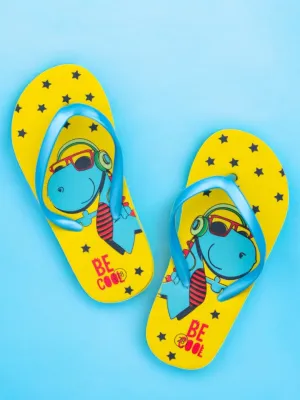 Charming Dino Printed Flip-Flops For Boys, Yellow
