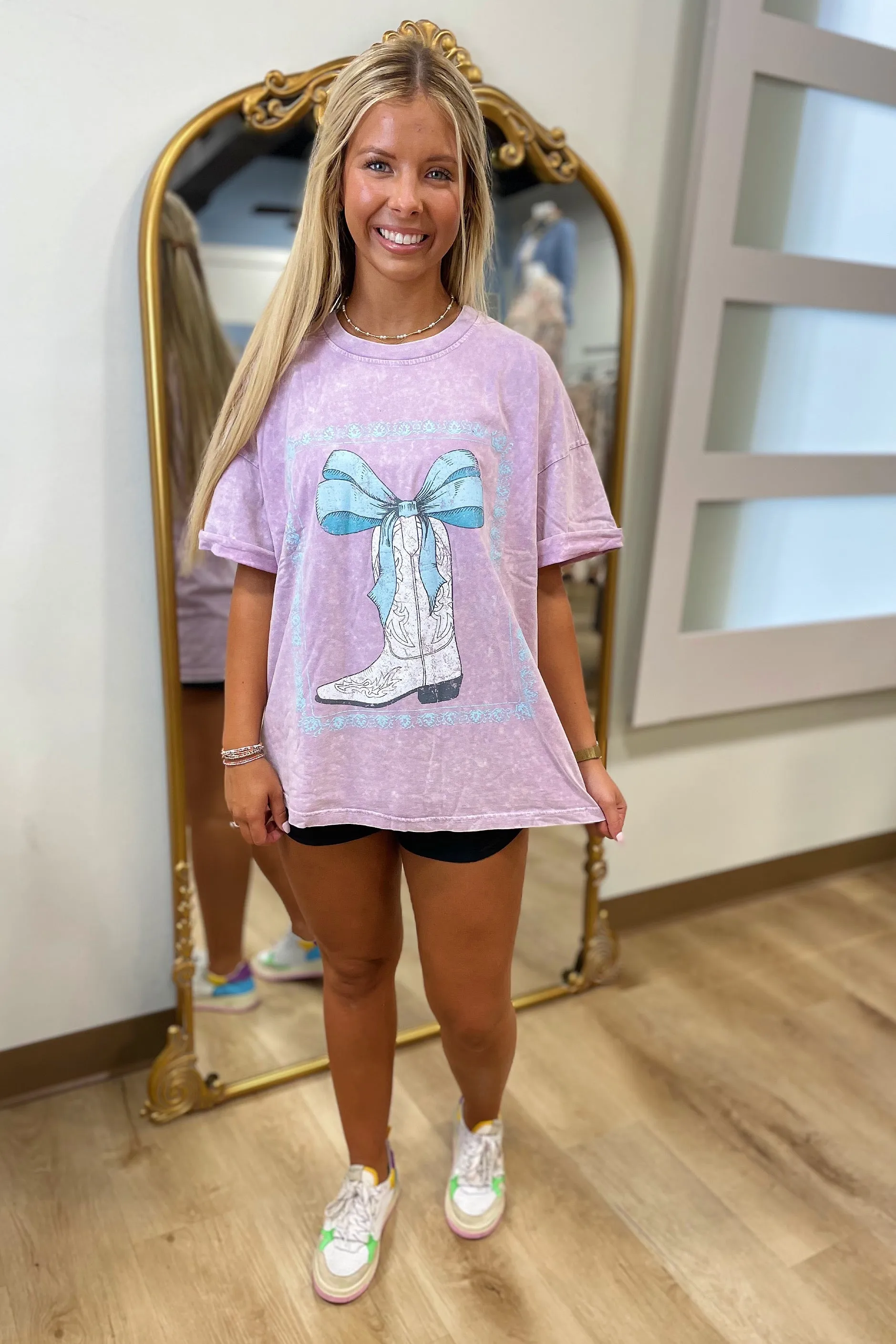 Coquette Bow Cowboy Boots Vintage Graphic Tee Lavender