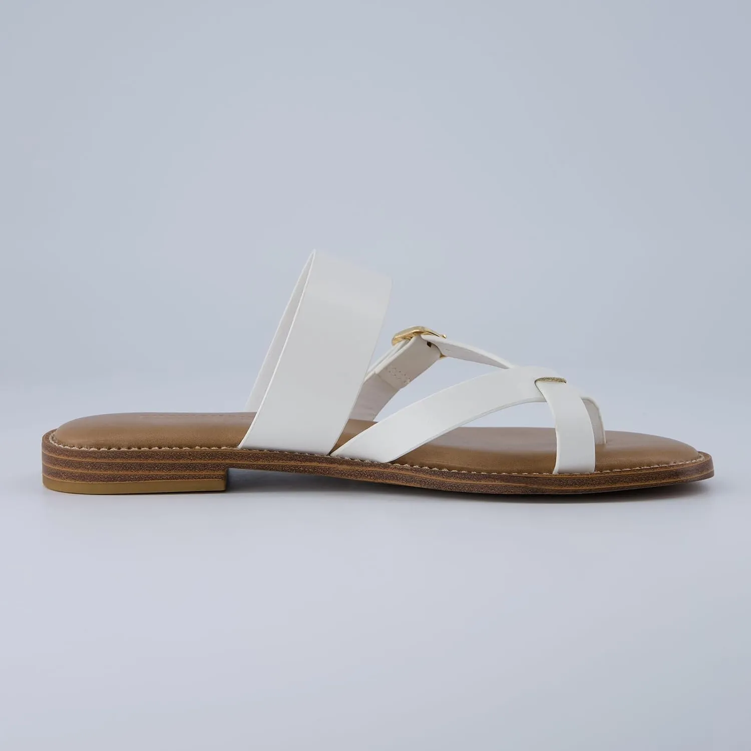 CUSHIONAIRE Laws Womens Flat Sandal  Faux Leather Slip-On with Toe Loop, Adjustable Buckle & Cushioned Footbed