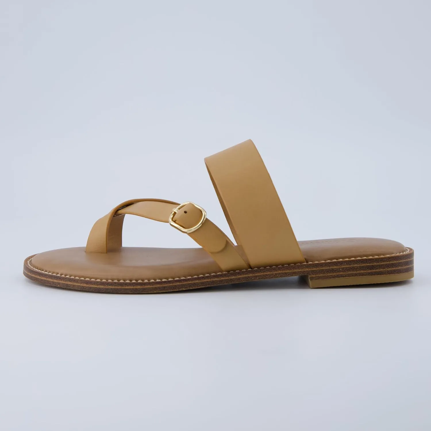 CUSHIONAIRE Laws Womens Flat Sandal  Faux Leather Slip-On with Toe Loop, Adjustable Buckle & Cushioned Footbed