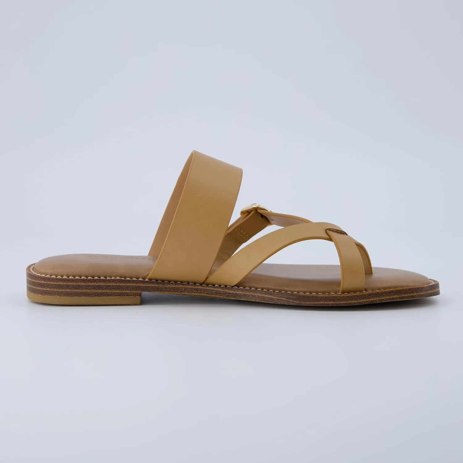 CUSHIONAIRE Laws Womens Flat Sandal  Faux Leather Slip-On with Toe Loop, Adjustable Buckle & Cushioned Footbed