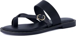 CUSHIONAIRE Laws Womens Flat Sandal  Faux Leather Slip-On with Toe Loop, Adjustable Buckle & Cushioned Footbed